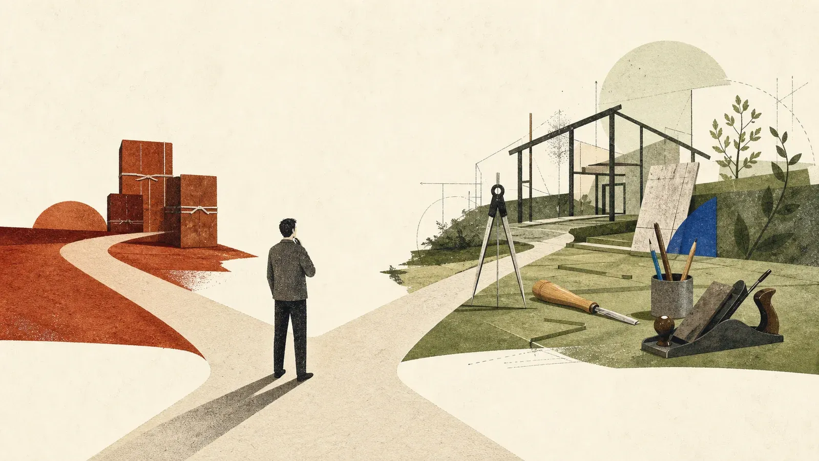 A person stands where a rust-colored path toward closed boxes divides from a green path toward an open workshop.