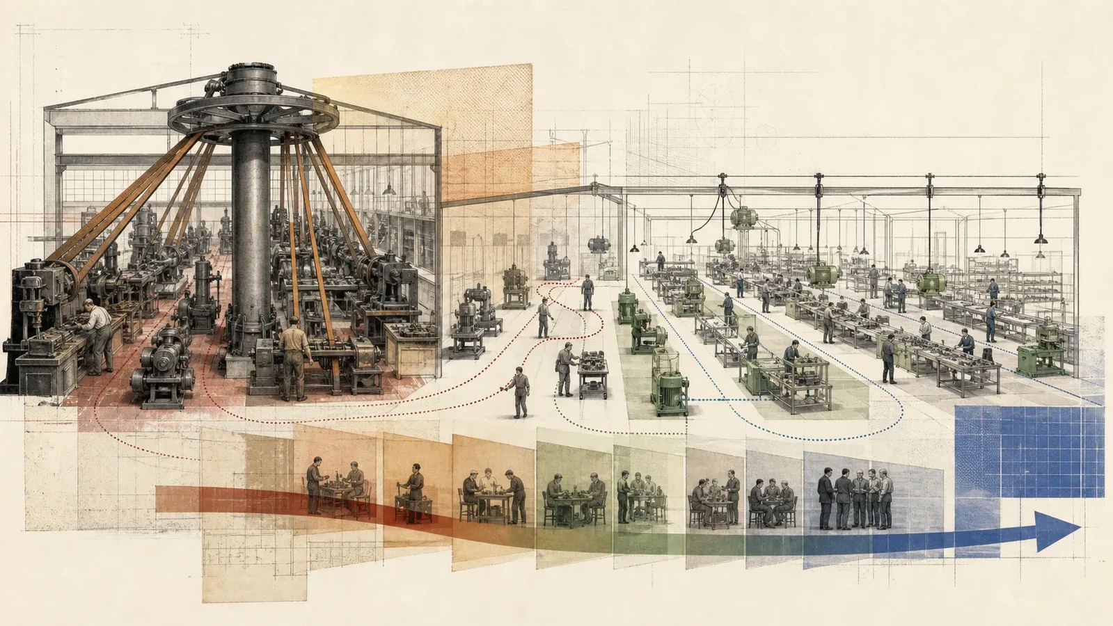 A factory changes from a central belt-driven steam layout into an open electrically powered assembly floor over many stages.