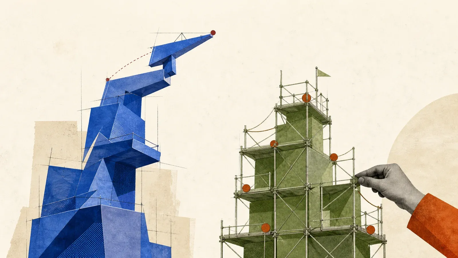A blue structure climbs quickly in unsupported leaps while a lower green scaffold is carefully braced and tested by a human hand.