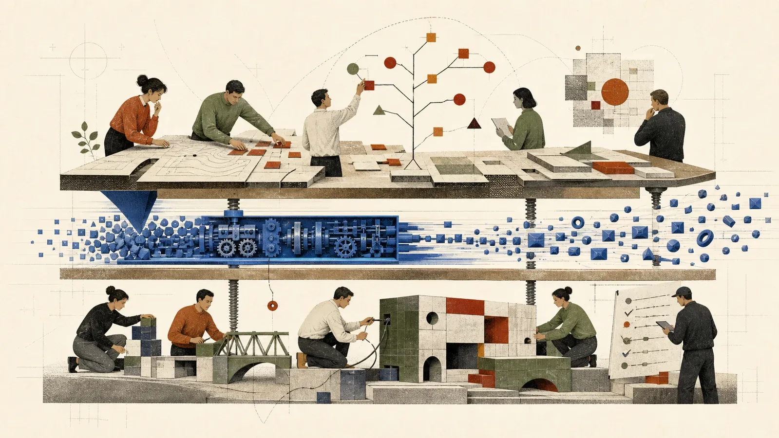 A compact blue production engine sits between people making plans above and people testing and integrating structures below.