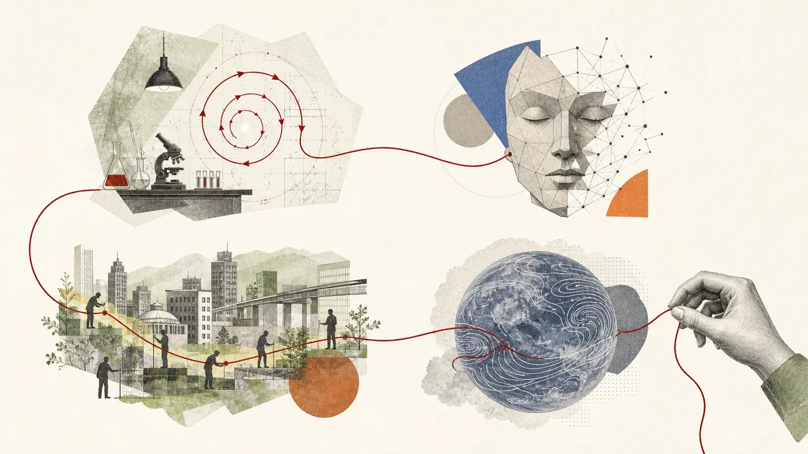 Four connected scenes show a recursive laboratory loop, an unfinished human mask, a city changing through human work, and an unpredictable weather sphere held by a human thread.