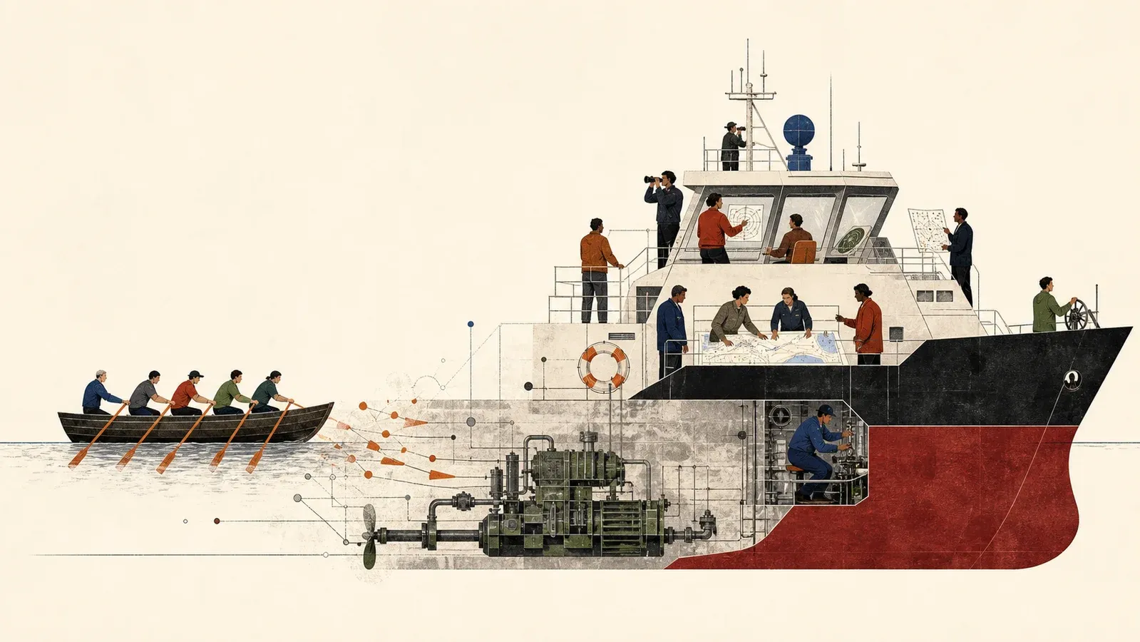 A rowboat transforms into a modern ship whose larger human crew navigates, maintains, observes, and steers while an engine supplies propulsion.