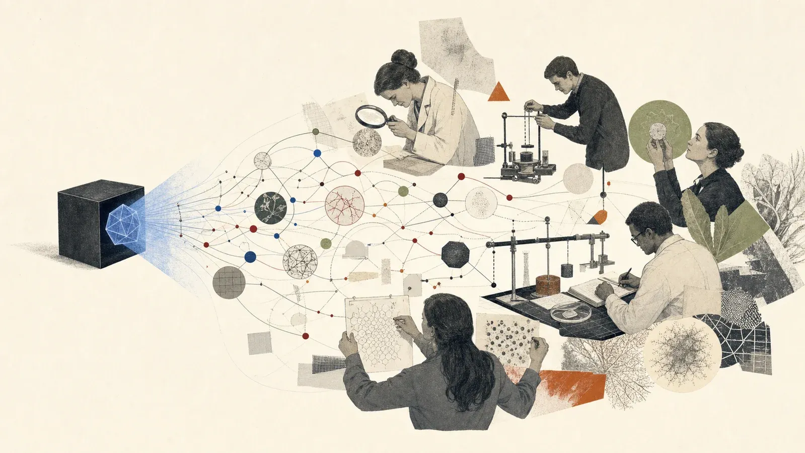 A black box emits a geometric result that scientists unfold into a rich network of experiments, assumptions, causes, and consequences.