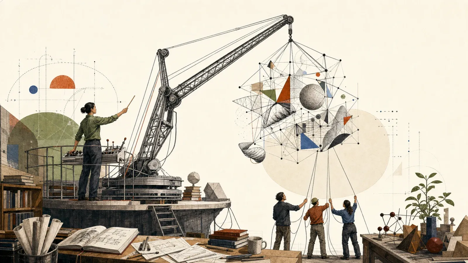 A human operator directs a large crane lifting a lattice of ideas while collaborators steady the rigging and books, plans, and tools ground the machine.
