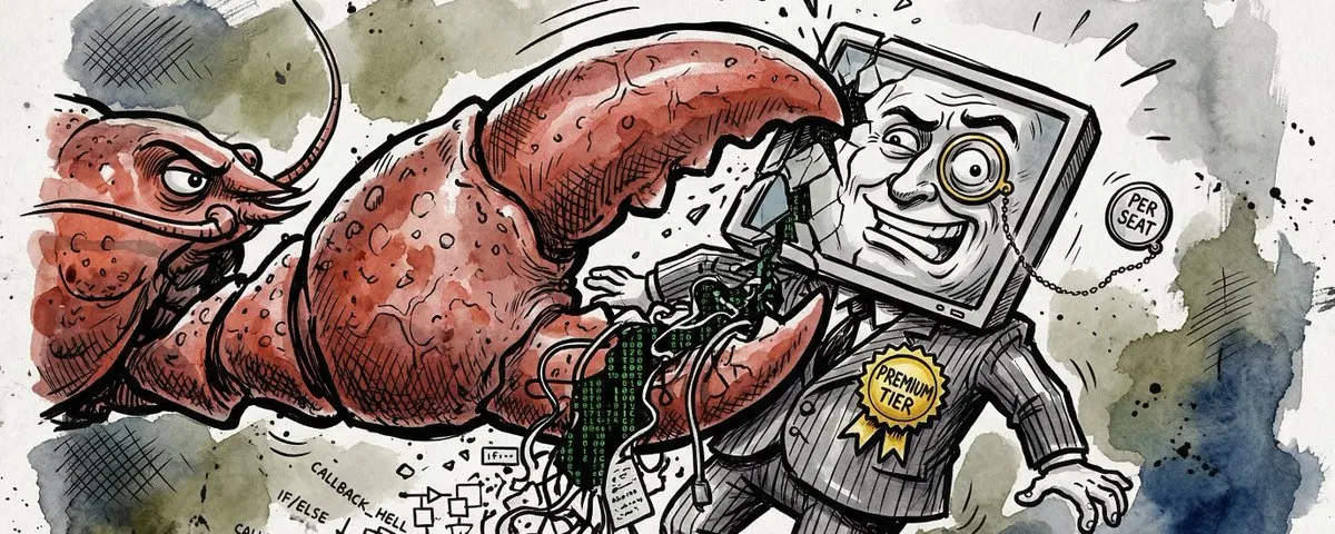 A giant claw creature crushing a SaaS businessman, watercolor illustration symbolizing the disruption of traditional software by runtime agents