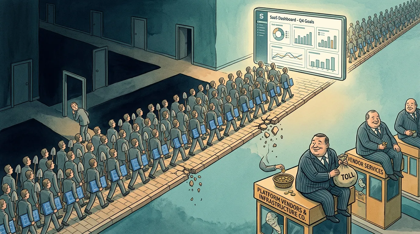 Identical builders marching with shovels and tablets toward a SaaS dashboard while platform vendors collect tolls from the crumbling path beneath them