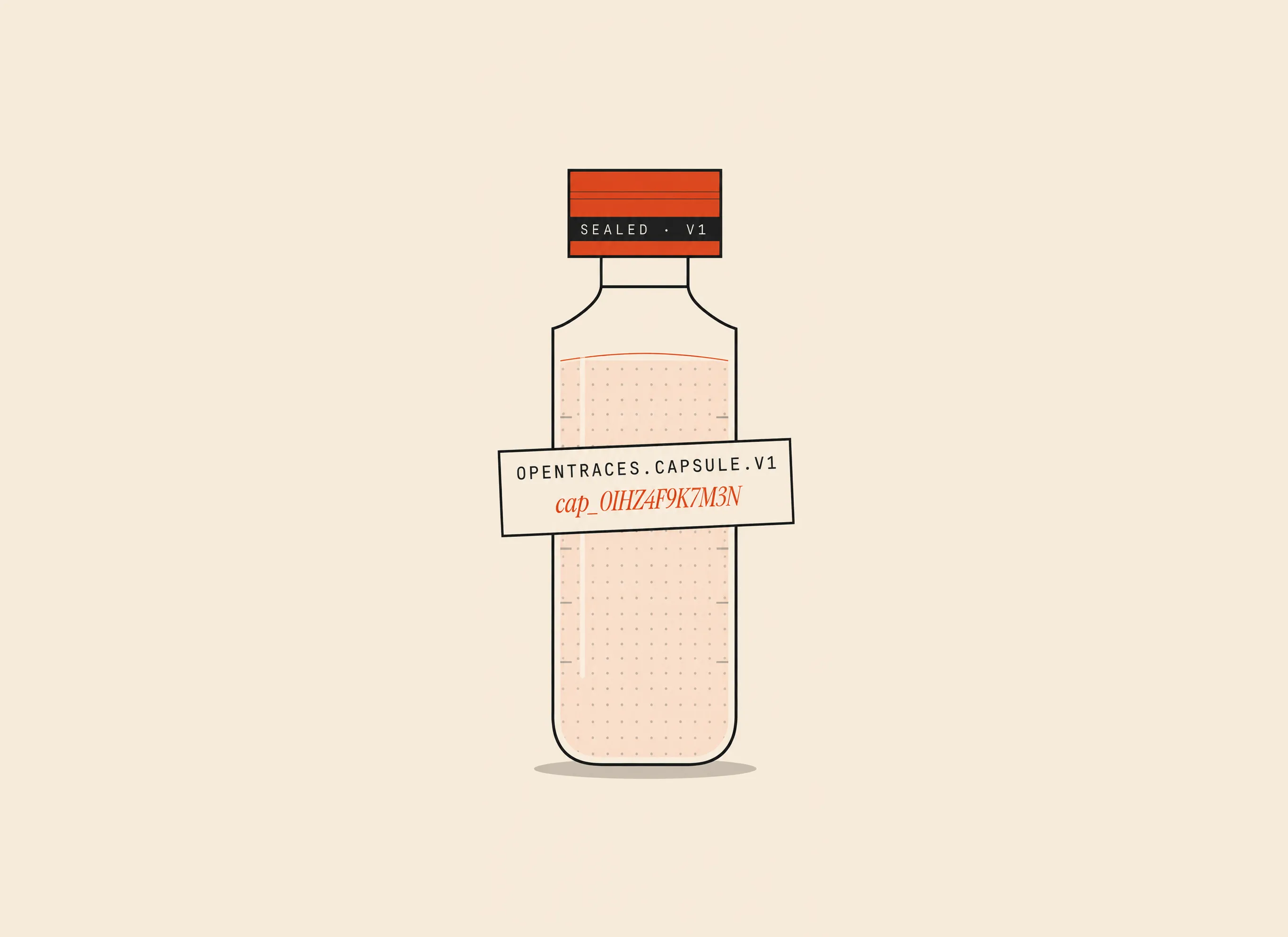 An illustrated sealed bottle labeled opentraces.capsule.v1 on a beige background